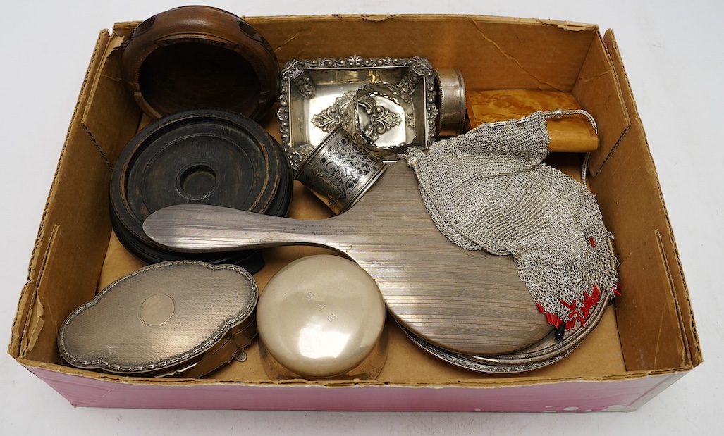 Sundry silver and other items including a George V silver trinket box, silver saucers/stands, silver dish, hand mirror, napkin ring etc. Condition - fair